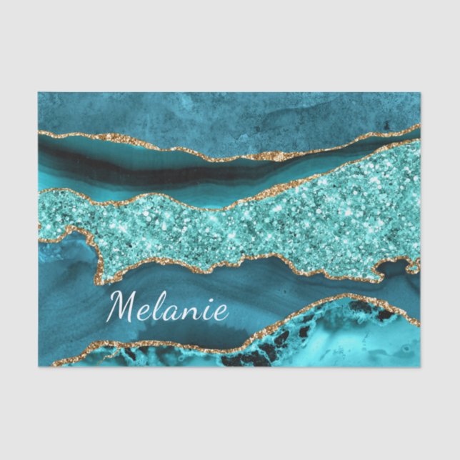 Teal Blue Gold Aqua Custom Name Tissue Paper (Front)