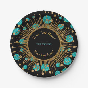 Teal Blue Gold Birthday Party Paper Plate