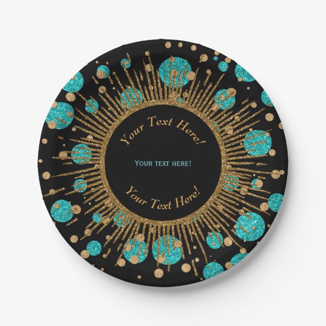 Teal Blue Gold Birthday Party Paper Plate (Front)