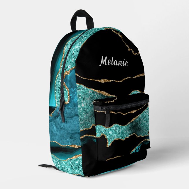 Teal Blue Gold Black Backpack with Custom Name (Back Corner Left)