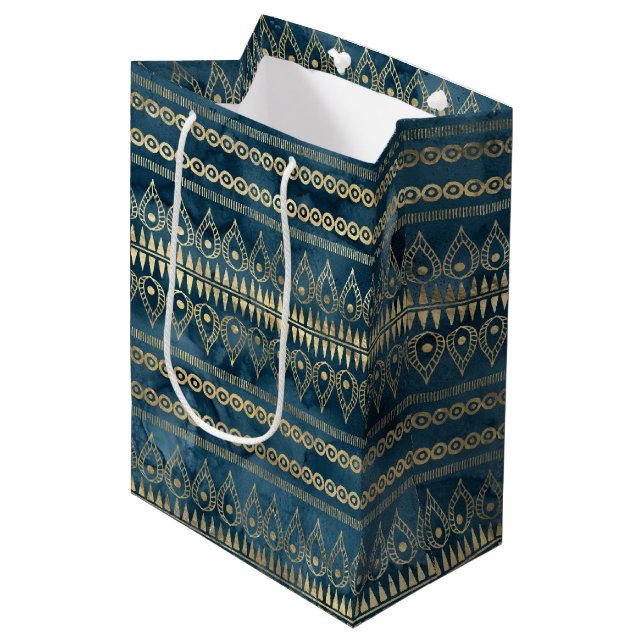 Teal Blue Gold Boho  Medium Gift Bag (Front Angled)