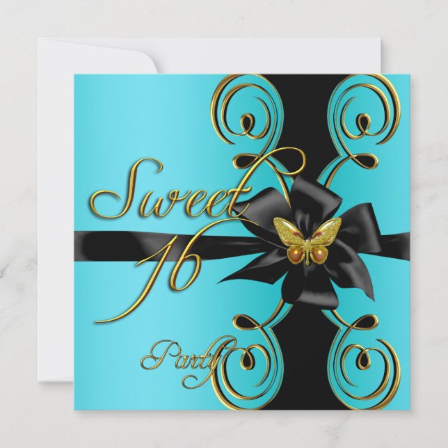 Teal Blue Gold Butterfly Sweet 16 Sweet Sixteen Invitation (Front)