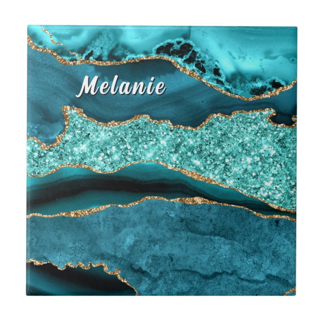 Teal Blue Gold Ceramic Tile Personalised Name (Front)