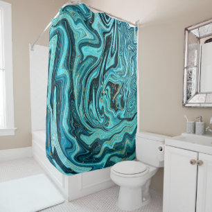 Teal Blue & Gold Chic Swirl Modern Abstract Shower Curtain