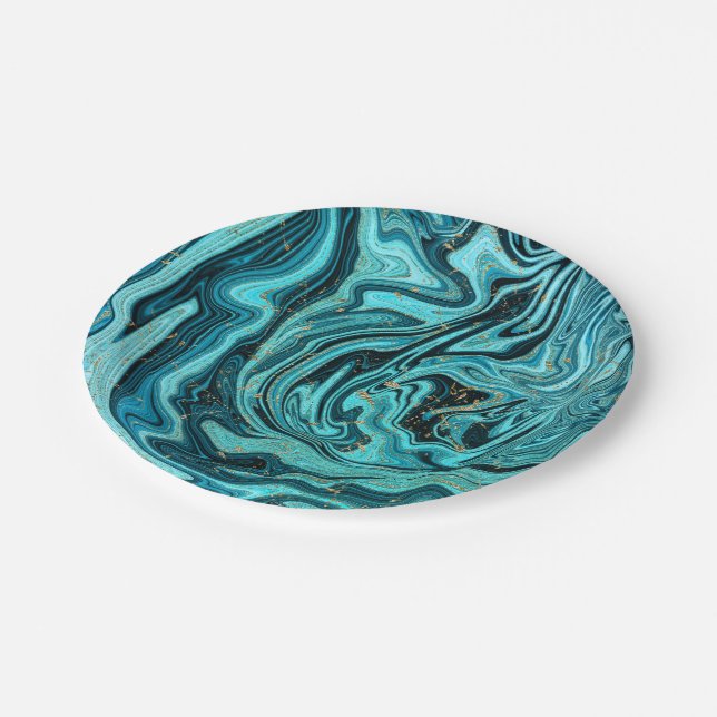 Teal Blue & Gold Chic Swirl Modern Wedding Paper Plate (Angled)
