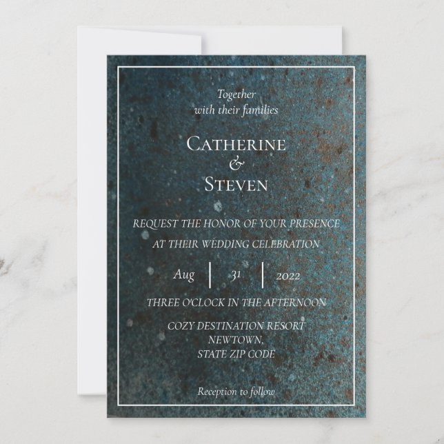 Teal Blue, Gold & Copper Wedding Invitation (Front)