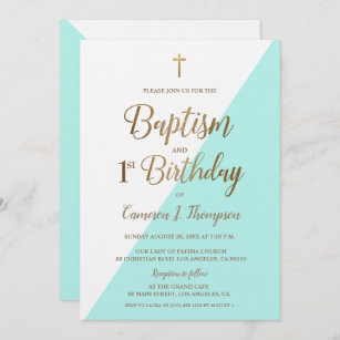 Teal Blue Gold Cross Baptism 1st Birthday Invitation