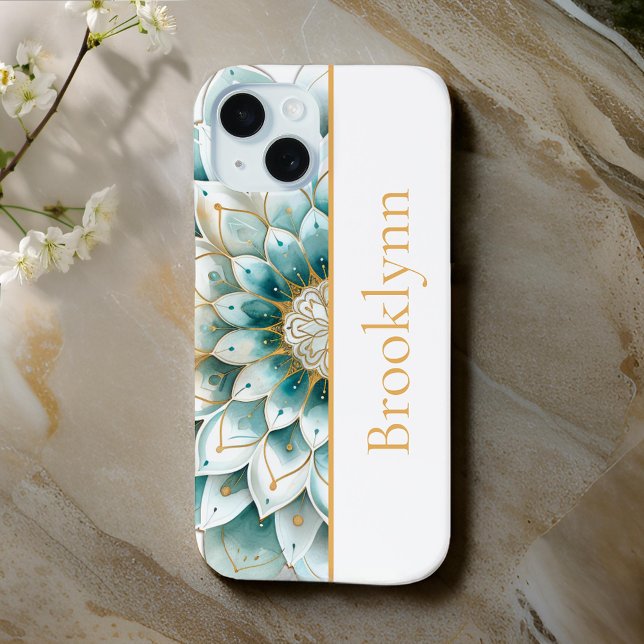 Teal Blue Gold Floral Mandala Personalised  Case-Mate iPhone Case (Creator Uploaded)
