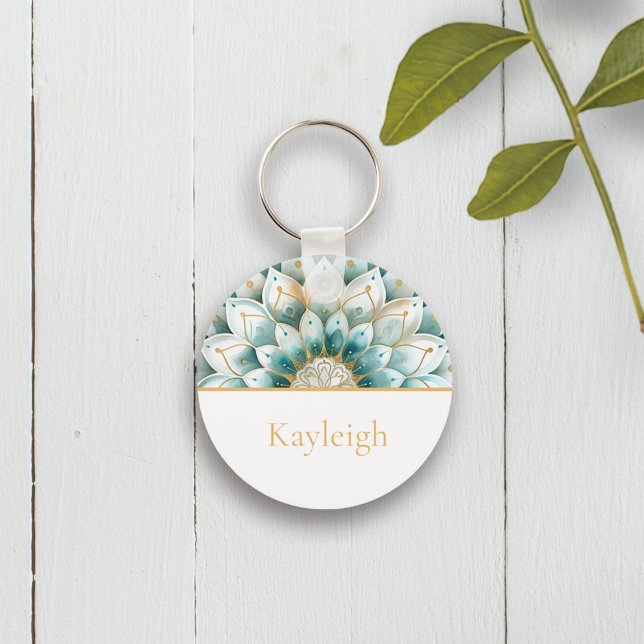 Teal Blue Gold Floral Mandala Personalised Key Ring (Creator Uploaded)