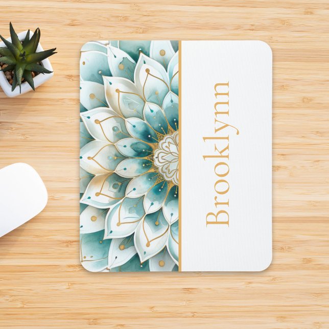 Teal Blue Gold Floral Mandala Personalised  Mouse Pad (Creator Uploaded)