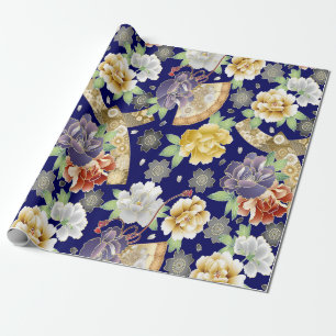 Teal Blue Gold Flowers Elegant Asian Pattern Wrapping Paper