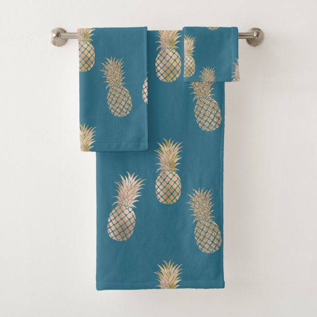 Teal Blue Gold Glam Pineapples Bath Towel Set (Insitu)