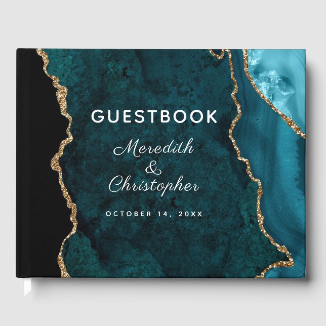 Teal Blue Gold Glitter Agate Wedding Guest Book (Front)