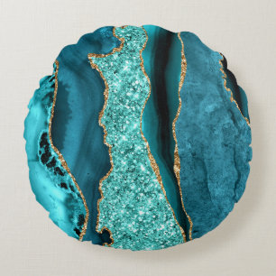 Teal Blue Gold Glitter Aqua Turquoise Round Pillow
