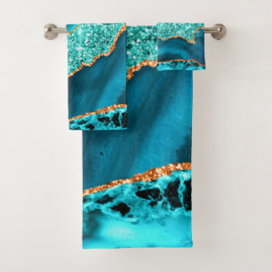 Teal Blue Gold Glitter Bath Towel Set