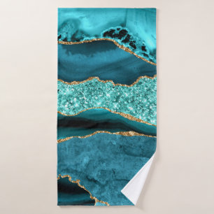 Teal Blue Gold Glitter Bath Towels