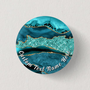 Teal Blue Gold Glitter Button Personalised Text