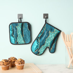 Teal Blue Gold Glitter Custom Name Aqua Turquoise Oven Mitt & Pot Holder Set