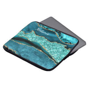 Teal Blue Gold Glitter Custom Name Laptop Sleeve