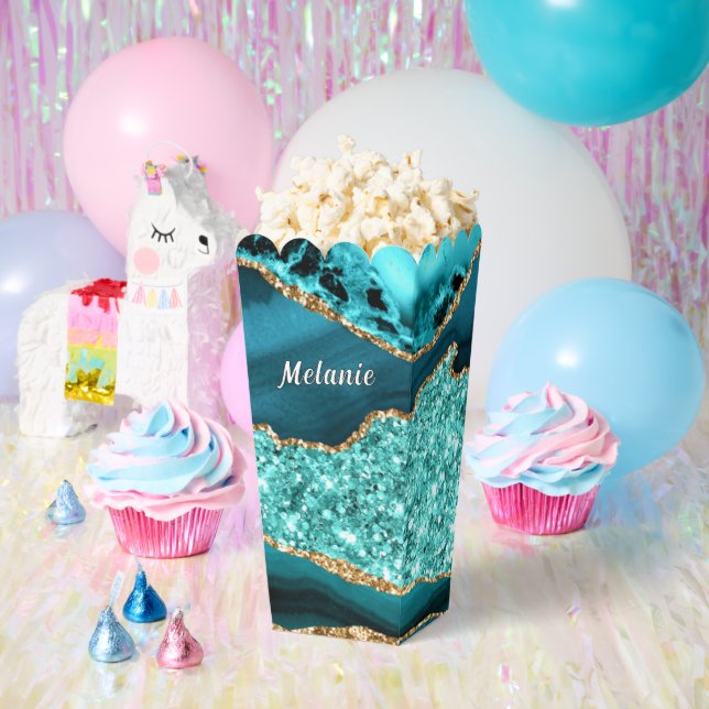 Teal Blue Gold Glitter Custom Name Popcorn Boxes (Party)