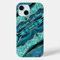 Teal Blue Gold Glitter Custom Text iPhone Case