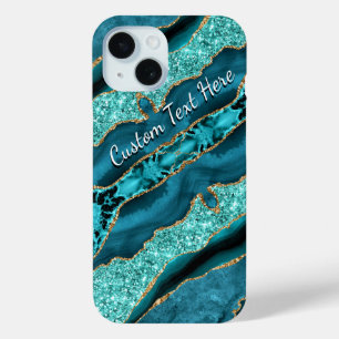 Teal Blue Gold Glitter Custom Text iPhone Case