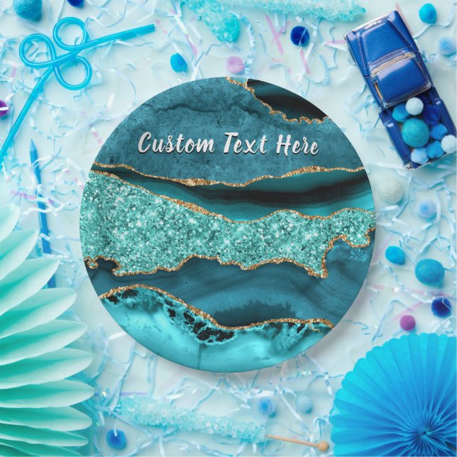 Teal Blue Gold Glitter Custom Text Paper Plates (Party)