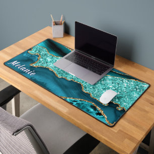 Teal Blue Gold Glitter Desk Mat with Custom Name
