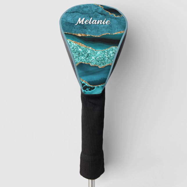 Teal Blue Gold Glitter Golf Head Cover Custom Name (Front)