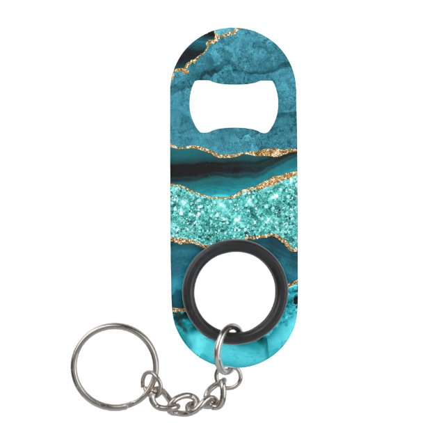 Teal Blue Gold Glitter Keychain Bottle Opener (Front)