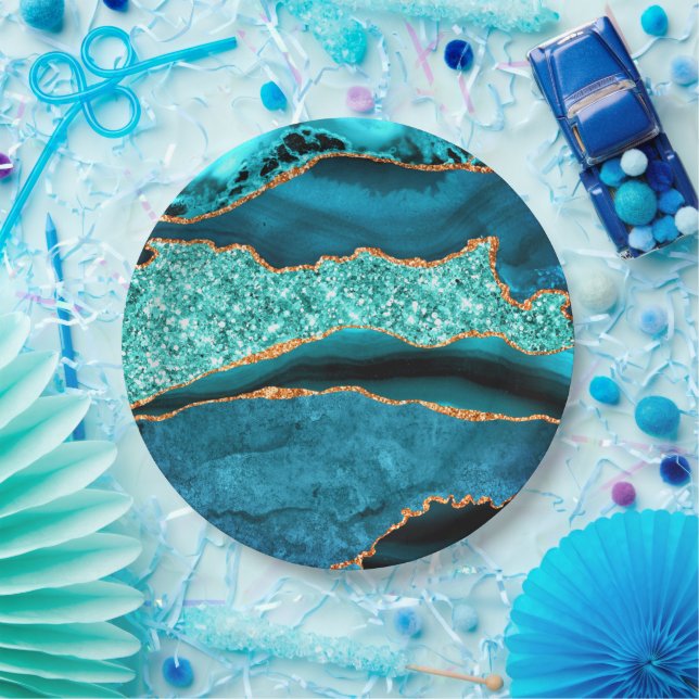 Teal Blue Gold Glitter Marble Aqua Paper Plates (Party)