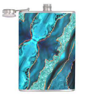Teal Blue Gold Glitter Marble Aqua Turquoise Flask