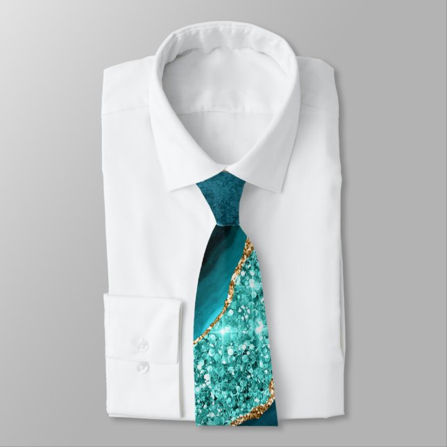 Teal Blue Gold Glitter Marble Aqua Turquoise Tie (Tied)