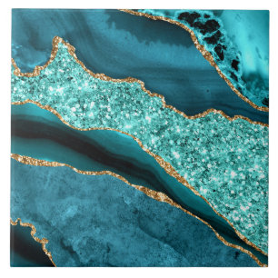 Teal Blue Gold Glitter Marble Ceramic Tile
