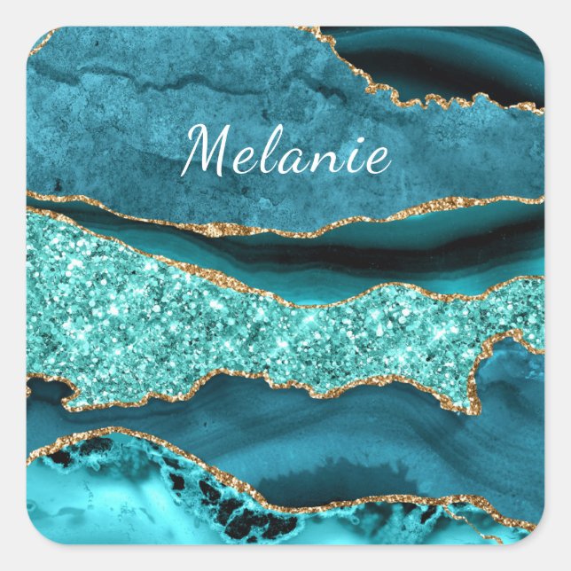 Teal Blue Gold Glitter Marble Custom Name Sticker (Front)