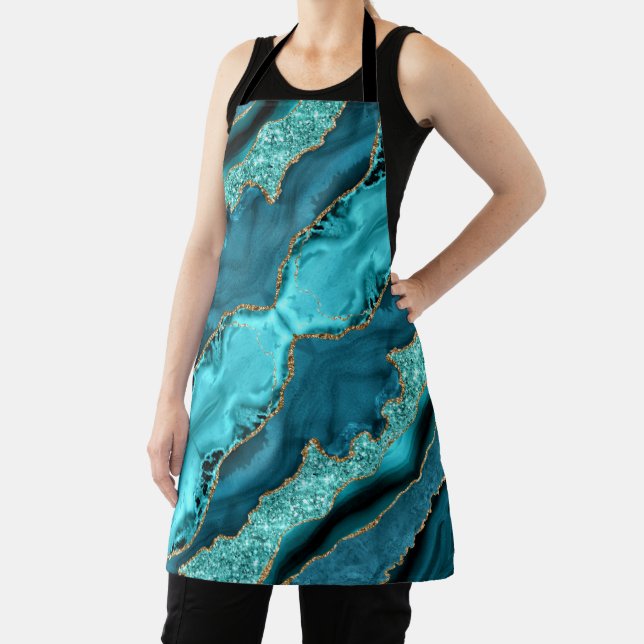 Teal Blue Gold Glitter Marble Turquoise Apron (Insitu)