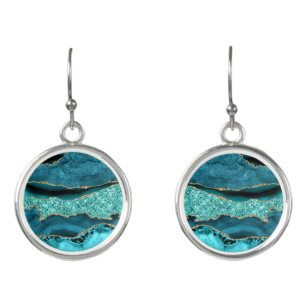 Teal Blue Gold Glitter Marble Turquoise Earrings