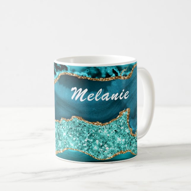 Teal Blue Gold Glitter Marble Your Name Coffee Mug (Front Right)