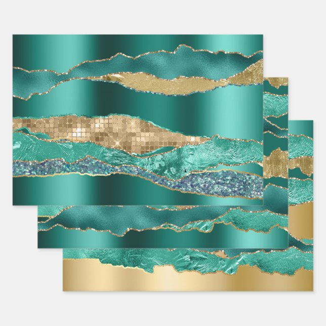 Teal blue gold glitter metallic foil chic wrapping paper sheet (Set)