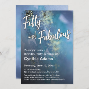 Teal & Blue Gold Glitter Modern Fifty and Fabulous Invitation