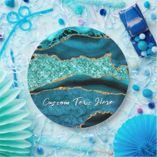 Teal Blue Gold Glitter Paper Plates Custom Text