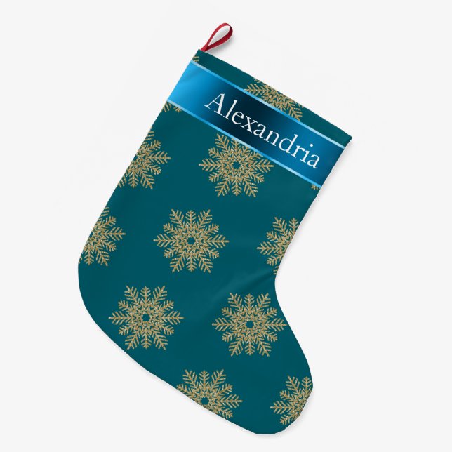 Teal Blue Gold Glitter Snowflakes Christmas Name Large Christmas Stocking (Front (Hanging))
