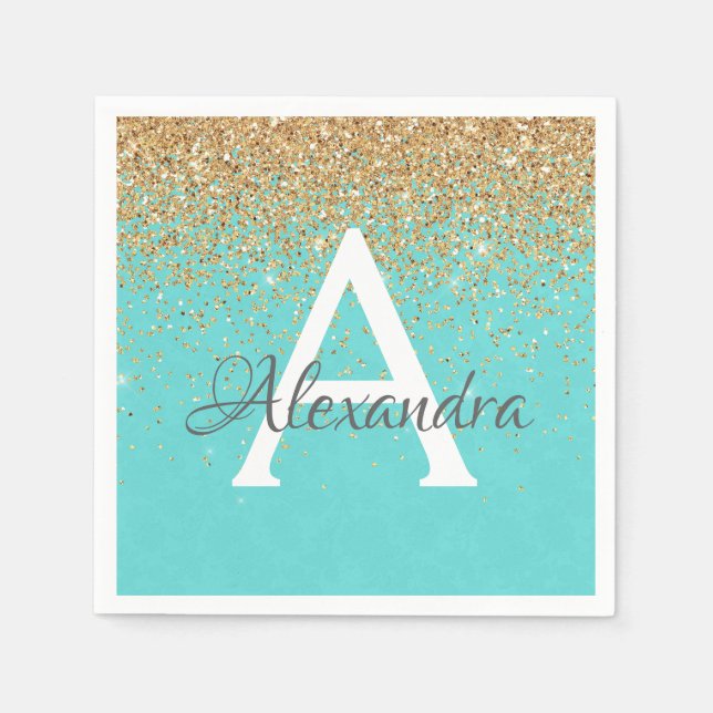 Teal Blue Gold Glitter & Sparkle Monogram Birthday Napkin (Front)