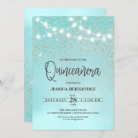 Teal Blue Gold Glitter Sparkles Lights Quinceañera