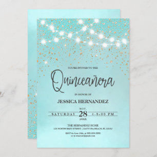 Teal Blue Gold Glitter Sparkles Lights Quinceañera Invitation