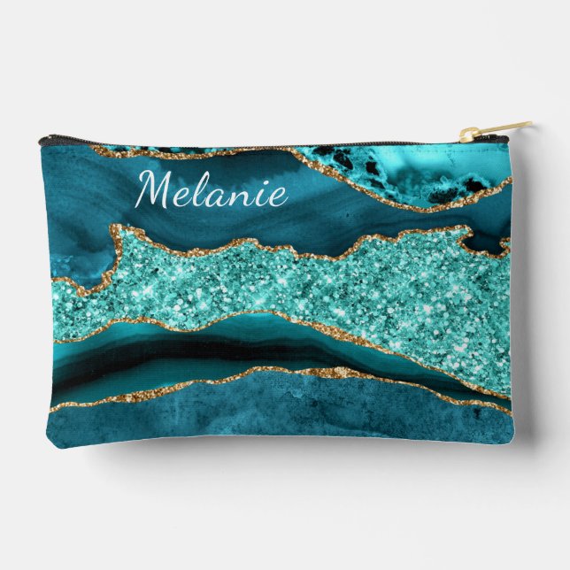 Teal Blue Gold Glitter Sparkly Custom Your Name Accessory Pouch (Back)