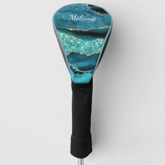 Teal Blue Gold Golf Head Cover Personalised Name (Front)