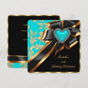 Teal Blue Gold Heart Bow Black Birthday Party Invitation