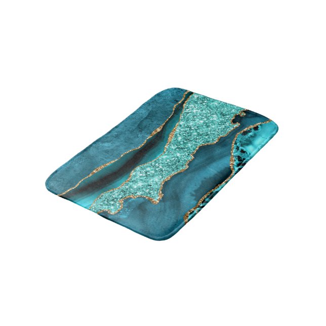 Teal Blue Gold Marble Aqua Turquoise Bath Mat (Angled)