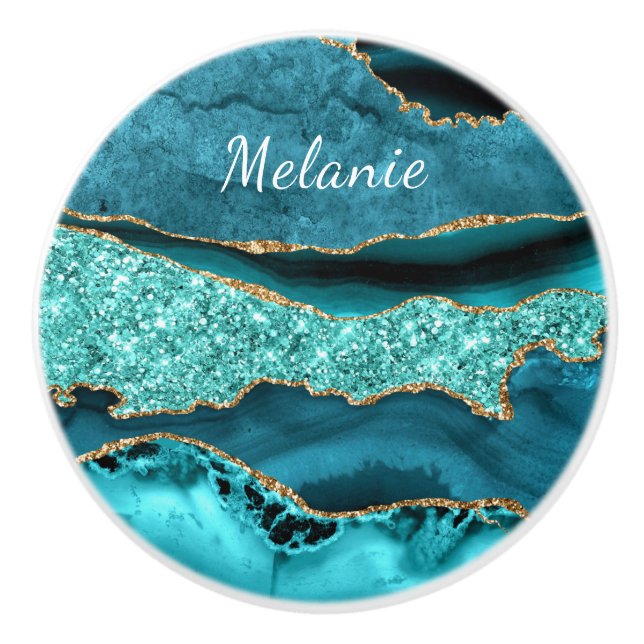 Teal Blue Gold Marble Aqua Turquoise Custom Name Ceramic Knob (Front)